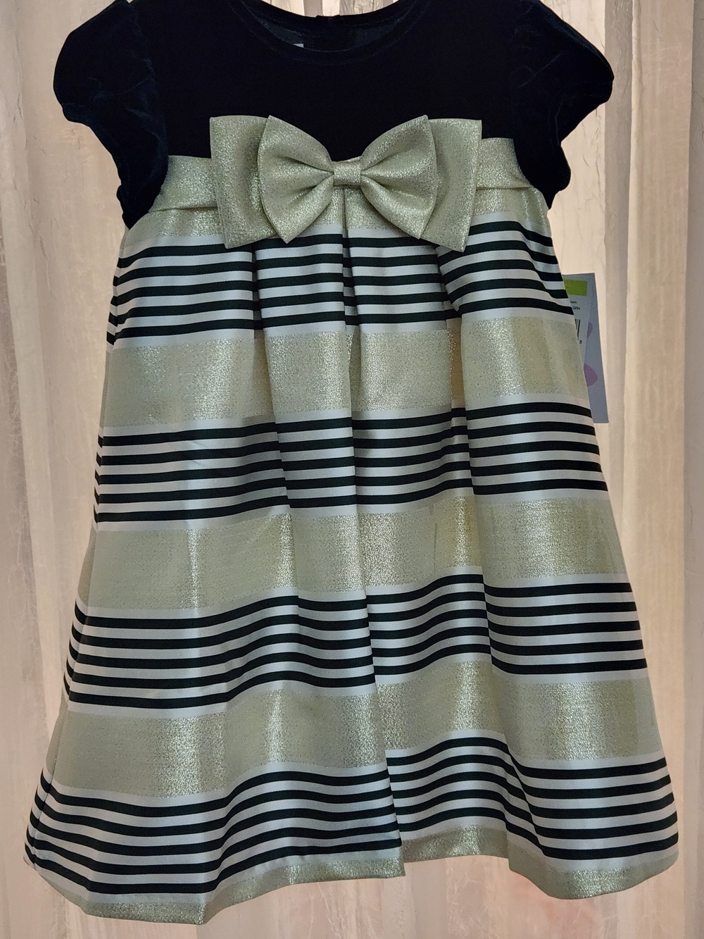 Bonnie Jean Green & Gold Empire Waist Velvet Bodice w/Bow Dress, S-4, NWT